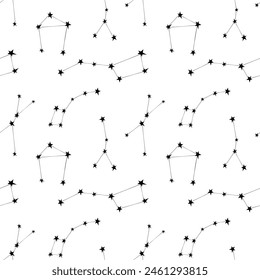 Vector seamless pattern of black different constellations on white background. Astronomy, space texture, design. Star chart, map