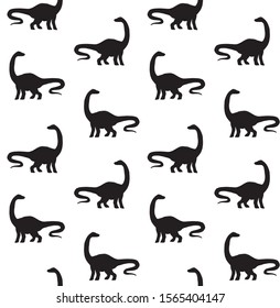 Vector seamless pattern of black diplodocus brachiosaurus dinosaur silhouette isolated on white background