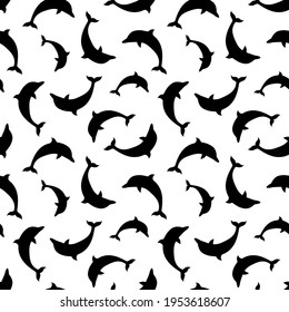 Vector seamless pattern with black dolphins silhouettes on a white background.