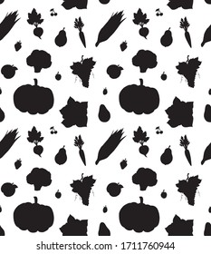 Vector seamless pattern of black doodle fruit and vegetables silhouette isolated on white background