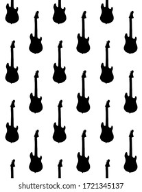 Vector seamless pattern of black doodle sketch electronic guitar silhouette isolated on white background