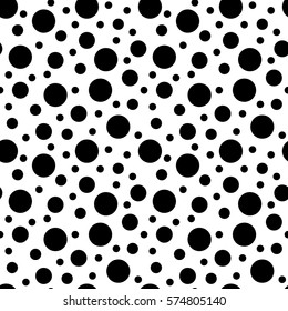 Vector seamless pattern of black dots. Monochrome minimalist background with randomly disposed spots. Simple texture from different circles. Black and white color.