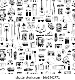 Vector seamless pattern with black elements isolated on white. Trendy endless texture. Print for tourism, camping. Backpack, boots, tent, compass, map, flashlight, binoculars, camera, bottle of water
