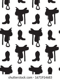 Vector seamless pattern of black equestrian horse cowboy western boot and saddle silhouette isolated on white background