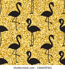 Vector seamless pattern with black flamingo silhouettes on golden glitter background