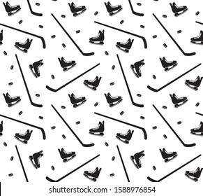 Vector seamless pattern of black flat hockey ice skates and sticks isolated on white background