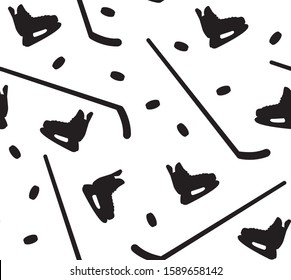 Vector seamless pattern of black flat hockey ice skates and sticks silhouette isolated on white background