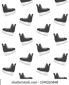 Vector seamless pattern of black flat cartoon hockey ice skates isolated on white background