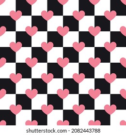 Vector seamless pattern of black flat chess board checkered texture with hearts isolated on white background