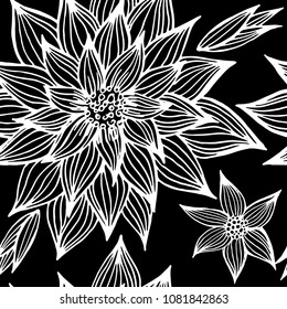 Vector seamless pattern with black flower design elements. Freehand line illustration.