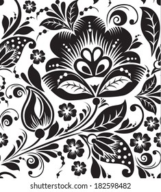 Vector seamless pattern with black flowers on white background