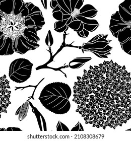 Vector seamless pattern with black flowers on white background. Botanical design for packaging, wrapping paper, wallpaper, fabric, fashion. Garden peony, poppy, lily, magnolia silhouettes backdrop