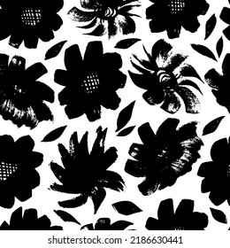 Vector seamless pattern with black  flowers . Botanical ink illustration with floral motif. Isolated vector illustration. Chrysanthemum or rose,  painted by brush. Hand drawn black print for fabric.