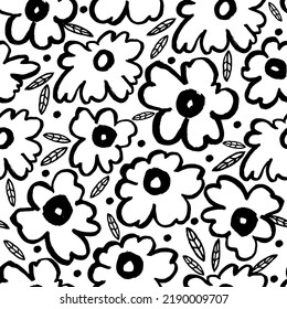 Vector seamless pattern with black flowers for romantic illustration. Flowers Japanese style grunge,  black and white texture.  
Botanical  ornament with floral motif. 