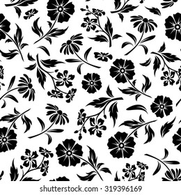 Vector seamless pattern with black flowers and leaves on a white background.