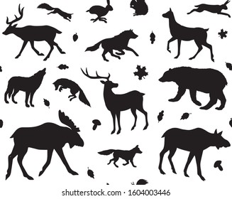 Vector seamless pattern of black forest animals silhouette isolated on white background