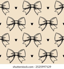 Vector seamless pattern with black girlish bows and hearts on light pink background.