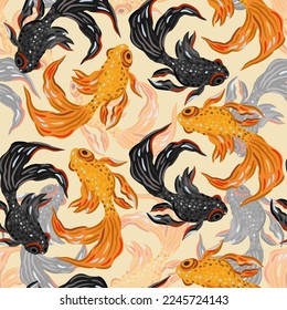 Patrón vectorial sin fisuras con peces negros y dorados sobre fondo claro.