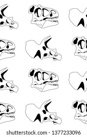 vector seamless pattern of black graphical tyrannosaur skull and triceratops skull on white background. Dinosaur texture