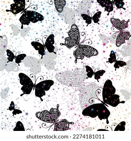 Vector seamless pattern with black and gray butterflies and colorful stars on transparent background