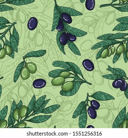 Vector Seamless pattern with black and green olives and outline olive branch, branches and leaves. Hand drawn linocut ecologic elements on green background. Design for labels, wrappers or textiles