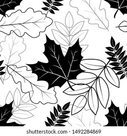 Vector seamless pattern with black and grey autumn leaves on a white background.