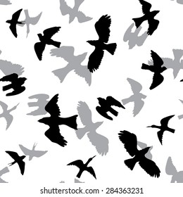 vector seamless pattern with black and grey birds silhouettes at white background, hand drawn  illustration