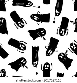 Vector seamless pattern with black halloween ghost on white background. Hand-drawn cartoon illustration for seasonal design, textile, print, decoration and other.