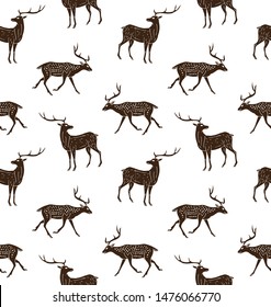 Vector seamless pattern of black hand drawn sketch deer isolated on white background