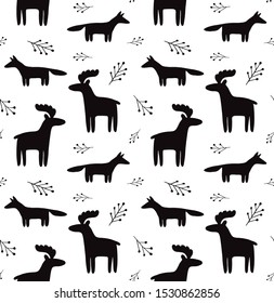 Vector seamless pattern of black hand drawn doodle deer and fox silhouette isolated on white background