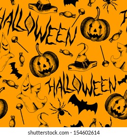 Vector seamless pattern with black  hand drawn halloween decoration elements. 