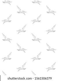 Vector seamless pattern of black hand drawn outline sketch flying pterodactyl dinosaur isolated on white background