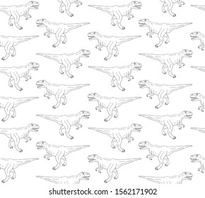 Vector seamless pattern of black hand drawn outline sketch tyrannosaur rex dinosaur isolated on white background