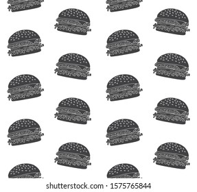 Vector seamless pattern of black hand drawn doodle sketch burger isolated on white background