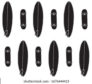 Vector Seamless Pattern Of Black Hand Drawn Doodle Sketch Surf And Skate Board Isolated On White Background