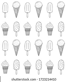 Vector seamless pattern of black hand drawn doodle sketch different ice cream isolated on white background