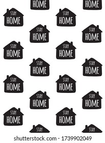 Vector seamless pattern of black hand drawn doodle sketch stay home lettering in house silhouette isolated on white background