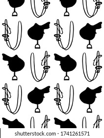 Vector seamless pattern of black hand drawn sketch equestrian horse bridle and saddle silhouette isolated on white background