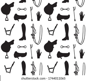 Vector seamless pattern of black hand drawn doodle sketch equestrian horse riding equipment silhouette isolated on white background