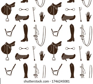 Vector seamless pattern of black hand drawn doodle sketch equestrian horse riding equipment isolated on white background