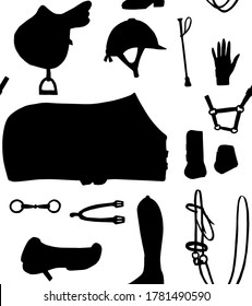 Vector seamless pattern of black hand drawn horse riding equestrian equipment silhouette isolated on white background