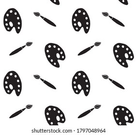 Vector seamless pattern of black hand drawn doodle sketch brush and palette isolated on white background