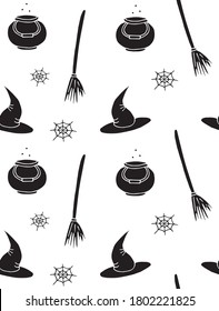 Vector seamless pattern of black hand drawn doodle sketch witch hat bowl and broom isolated on white background