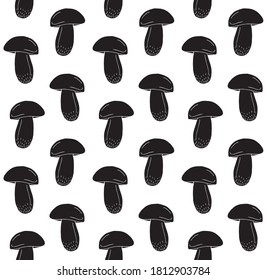 Vector seamless pattern of black hand drawn doodle sketch King bolote cep mushroom isolated on white background