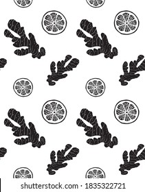 Vector seamless pattern of black hand drawn doodle sketch ginger and lemon isolated on white background