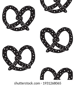 Vector seamless pattern of black hand drawn doodle sketch pretzel isolated on white background