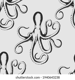 Vector seamless pattern with black hand drawn octopuses isolated on grey background. Seafood design for fish market, packaging, print, fabric, card, wallpaper