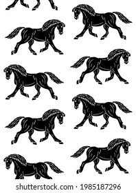 Vector seamless pattern of black hand drawn doodle sketch draft horse isolated on white background