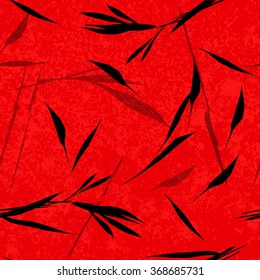 Vector seamless pattern. Black hand drawn bamboo leaves on a red background. Asian sumi-e style.