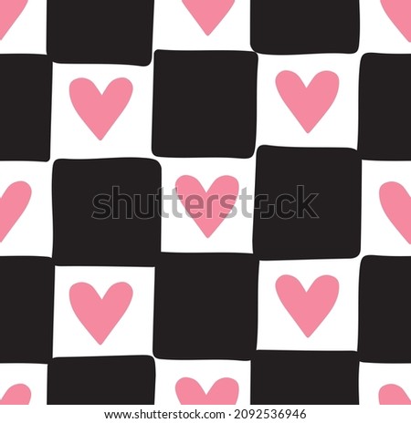 Vector seamless pattern of black hand drawn sketch doodle chessboard checkered texture and hearts isolated on white background Stock fotó © 